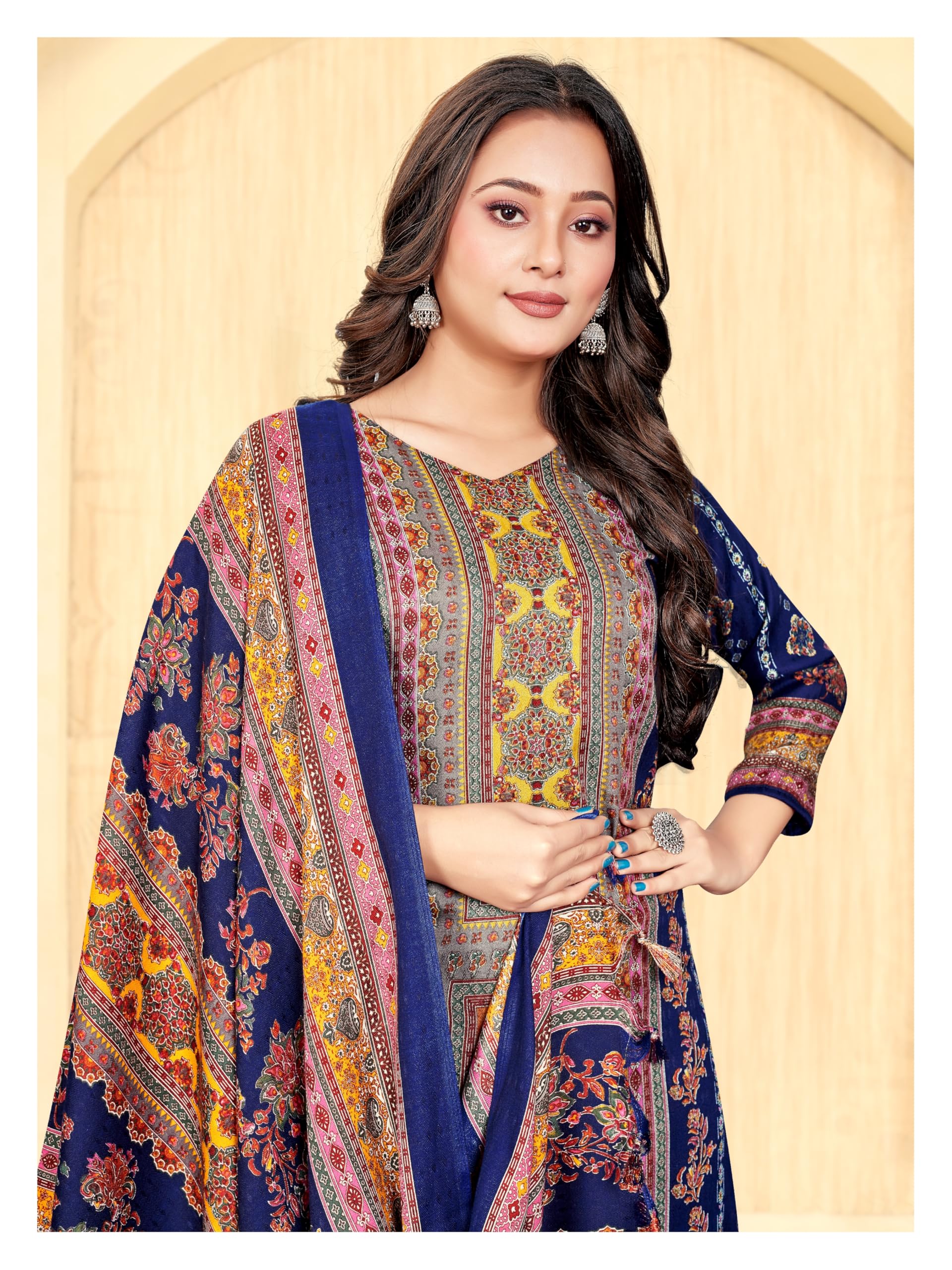 DRAVINAM Trends Women's Pakistani Printed Pashmina Unstitch Salwar Suit Dress Material with Pashmina Printed Shawl Dupatta