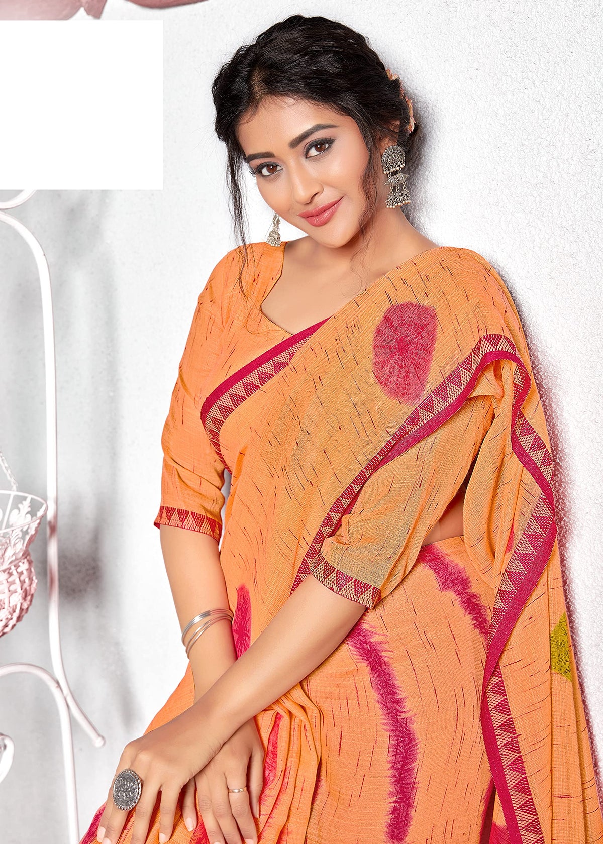 DRAVINAM Trends Women's Woven Catonic Pure Linen Slub Bordered Saree with Blouse Piece (Orange)