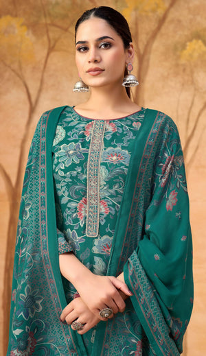 DRAVINAM Trends Women's Winter Wear Unstitched Discharge Print Hand Work Neck Embroidered Woollen Viscose Pashmina Salwar Suit Dress Material with Pashmina Printed Shawl Dupatta