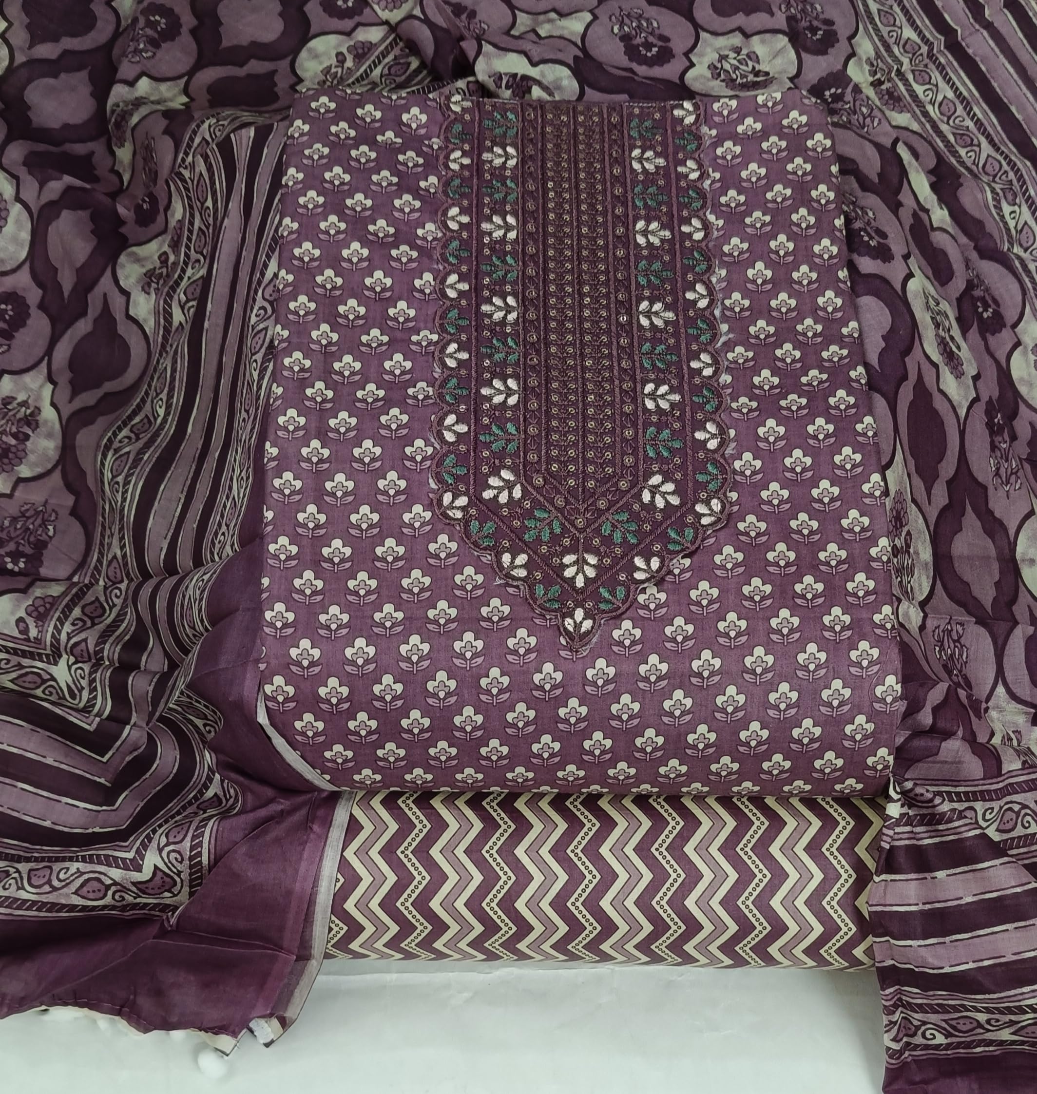 DRAVINAM Trends Women's Printed Embroidered and Hand Work Premium Cotton Jaipuri Unstitched Salwar Suit Dress Material with Mulmul Cotton Dupatta