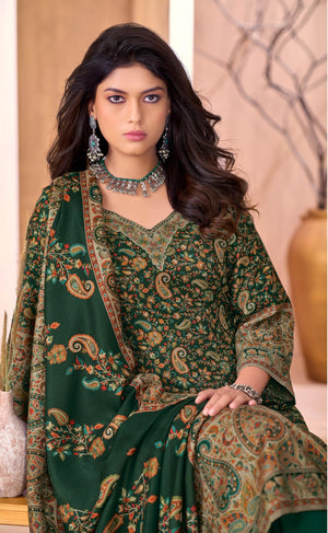 DRAVINAM Trends Women's Unstitched Winter Wear Kashmiri Kani Printed Swaroski Work Heavy Woolen Pashmina Salwar Suit Dress Material with Printed Shawl Dupatta