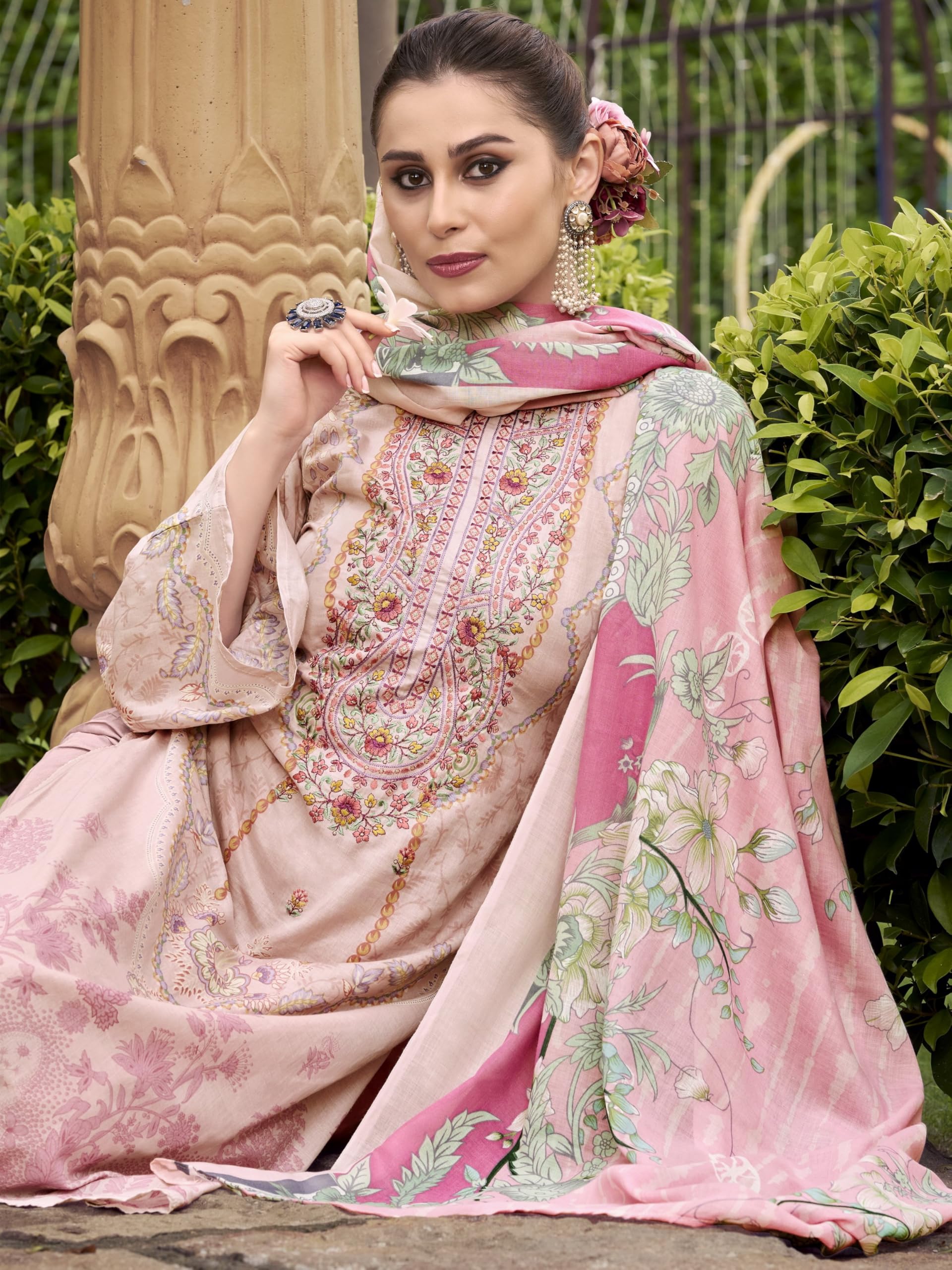 DRAVINAM Trends Women's Unstitched Cotton Suit Dress Material - Pure Cotton Embroidered Digital Top II Cotton Bottoms II Cotton Digital Print Dupatta