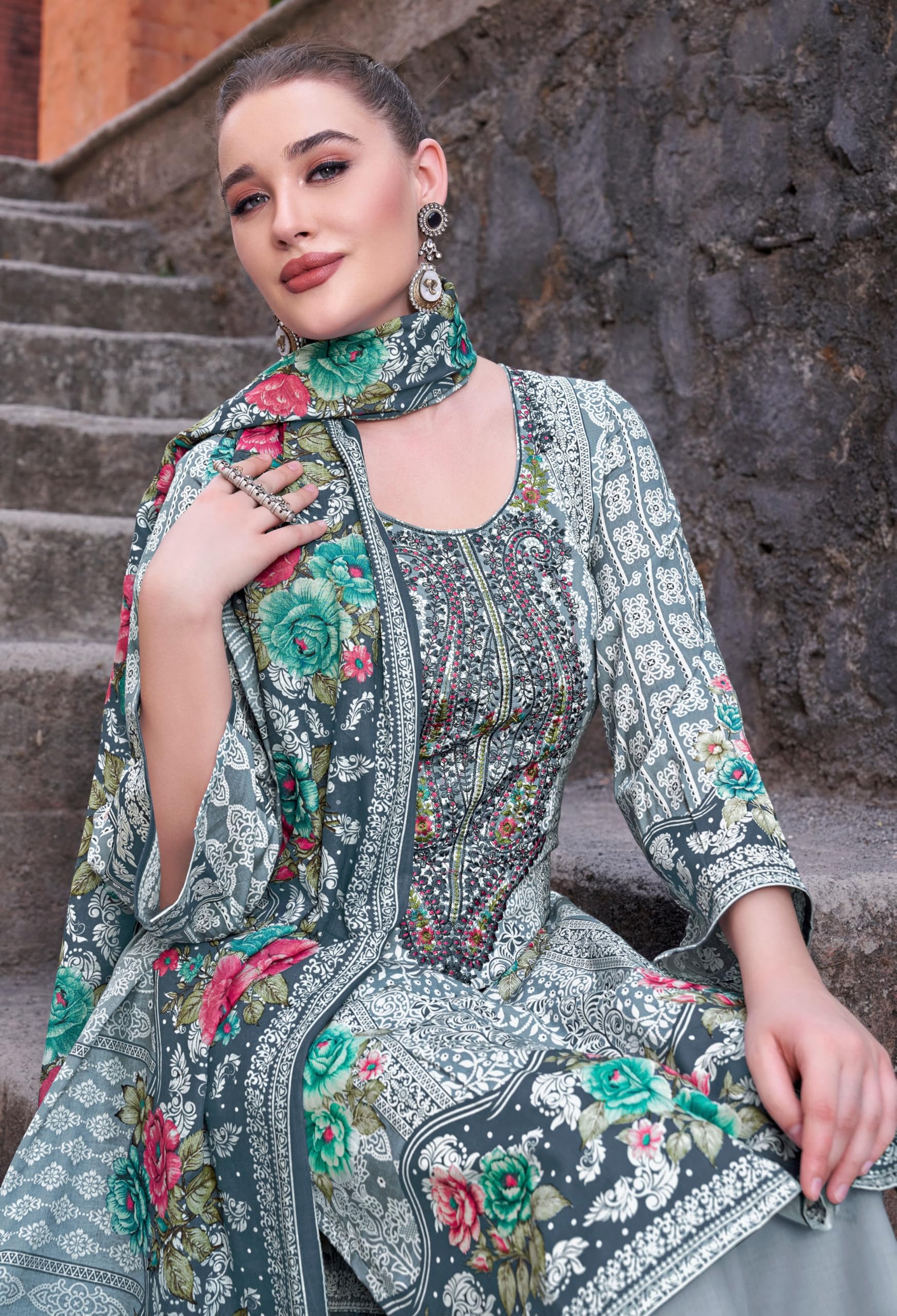 DRAVINAM Trends Unstitched Pakistani Embroidered Pure Cambric Cotton Salwar Suit Dress Materials with Cotton Dupatta