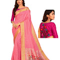DRAVINAM Trends Women's Woven Soft Cotton Pink Zari Border and Buti Saree with Embroidered Blouse Piece for Women