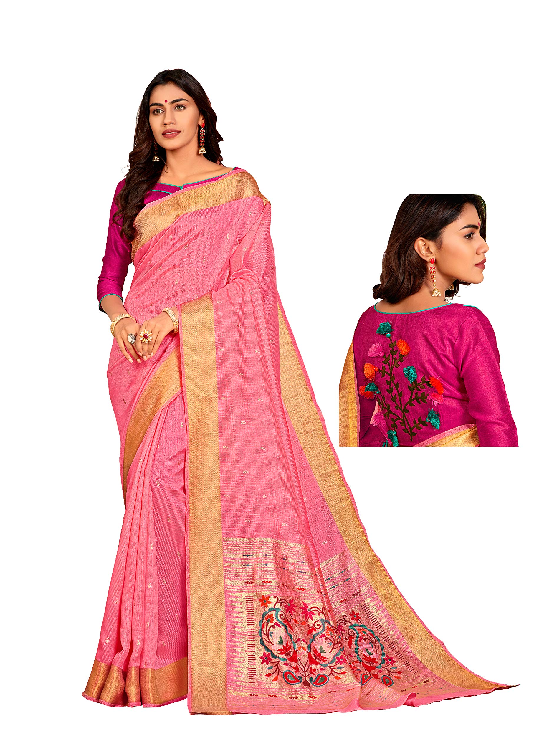 DRAVINAM Trends Women's Woven Soft Cotton Pink Zari Border and Buti Saree with Embroidered Blouse Piece for Women