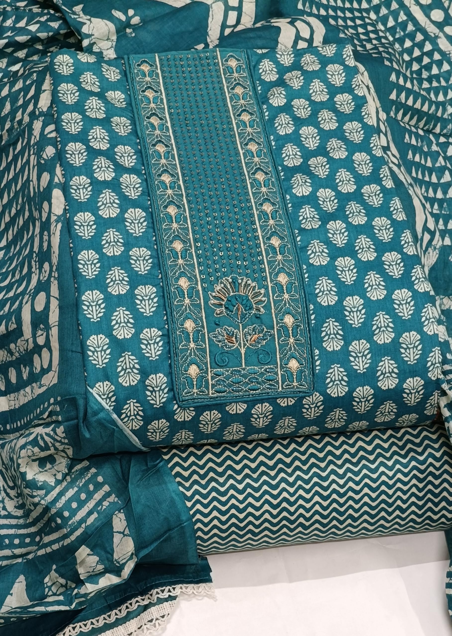 DRAVINAM Trends Women's Printed Embroidered and Hand Work Premium Cotton Jaipuri Unstitched Salwar Suit Dress Material with Mulmul Cotton Dupatta