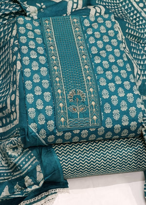 DRAVINAM Trends Women's Printed Embroidered and Hand Work Premium Cotton Jaipuri Unstitched Salwar Suit Dress Material with Mulmul Cotton Dupatta