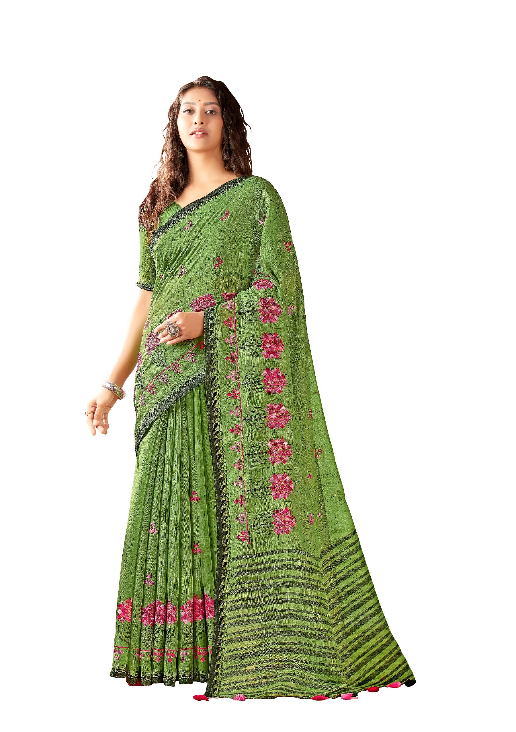 DRAVINAM Trends Women's Plain Pure Linen Cotton Embroidered Saree with Blouse Piece