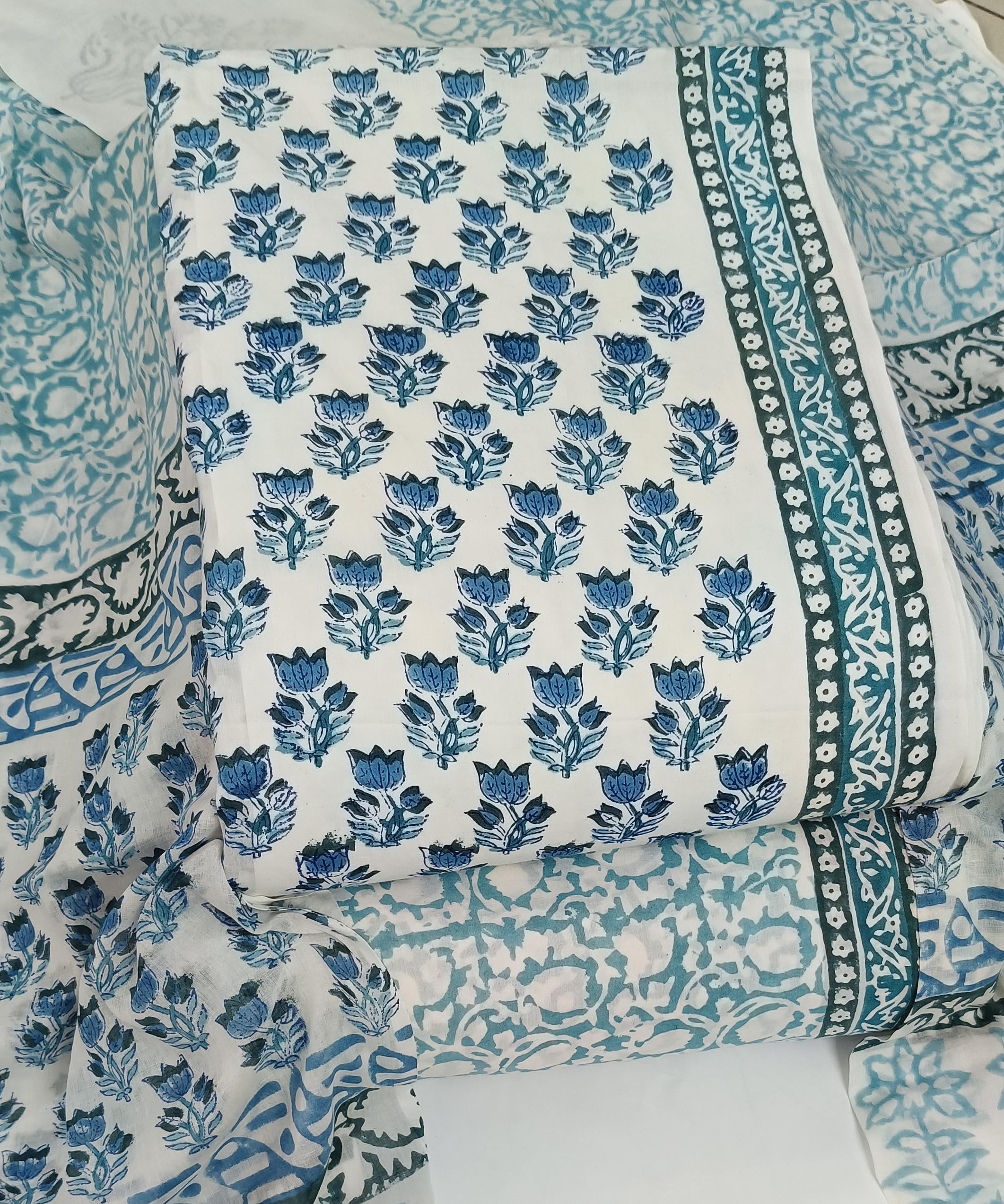DRAVINAM Trends Hand Block Print Sanganeri Cambric Unstitched Cotton Suit Dress Material for Women with Mulmul Cotton Hand Printed Dupatta