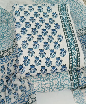 DRAVINAM Trends Hand Block Print Sanganeri Cambric Unstitched Cotton Suit Dress Material for Women with Mulmul Cotton Hand Printed Dupatta