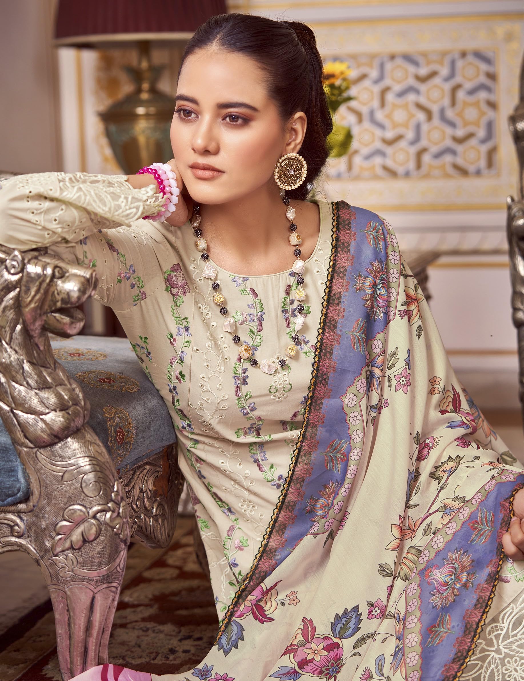 DRAVINAM Trends Women's Exquisite Unstitched Viscose Cambric Lawn Cotton Suit Dress Material with Embroidered Daman & Sleeves | Stylish Pure Cotton Digital Print Dupatta & Solid Bottoms