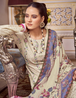 DRAVINAM Trends Women's Exquisite Unstitched Viscose Cambric Lawn Cotton Suit Dress Material with Embroidered Daman & Sleeves | Stylish Pure Cotton Digital Print Dupatta & Solid Bottoms