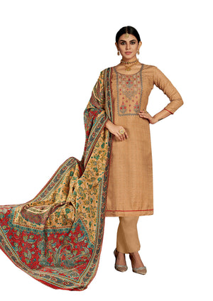 DRAVINAM Trends Women's Winter wear Pure wool pashmina Embroidered Warm Salwar suit Dress material with Pure Wool Dobby Printed Beautiful Shawl Dupatta (Beige)
