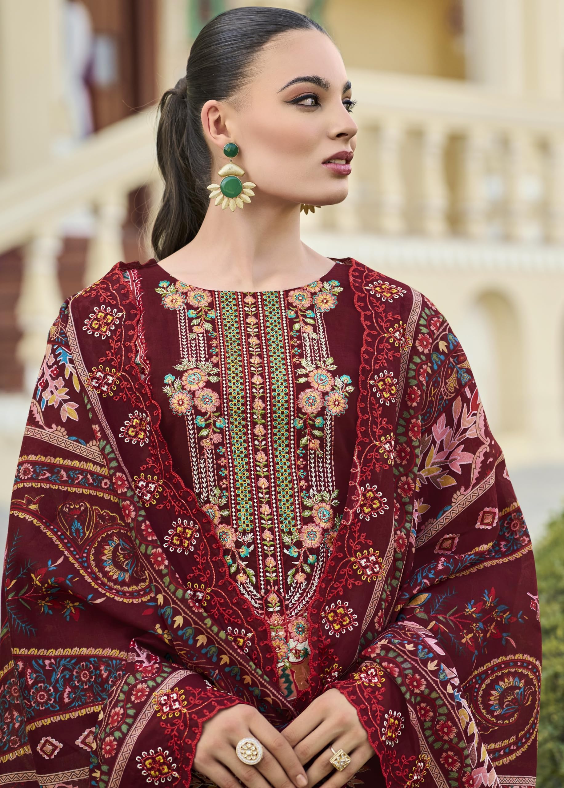 DRAVINAM Trends Women's Unstitched Pakistani Digital Print Embroidered Pure Cotton Salwar Suit Dress Materials with Cotton Embroidered Cutwork Dupatta