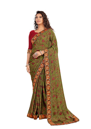 DRAVINAM Trends Women's Pure bright georgette Bandhani Print saree with Lace Borders and Solid Blouse Piece (Blue)