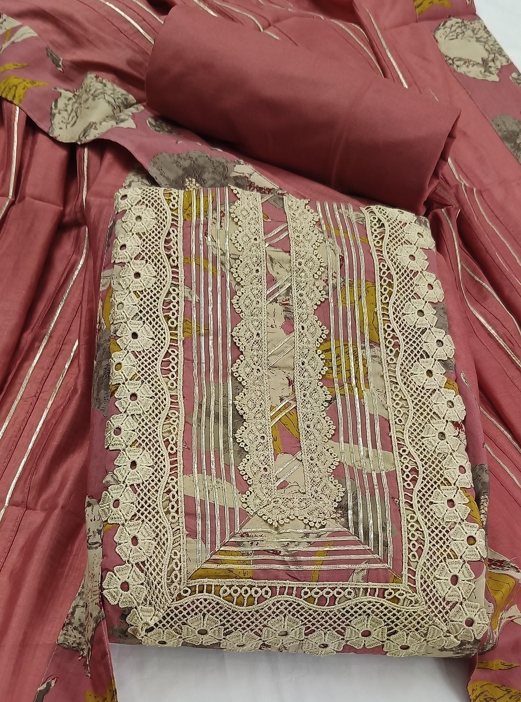 DRAVINAM Trends Unstitched Floral Print Premium Cotton Suit Dress Material with Gota and Lace work for Women with Soft Silk Embellished Dupatta