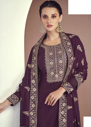 DRAVINAM Trends Women Real Georgette Heavy Zari Embroidered Pure Georgette Unstitched Suit Dress Material with Real Georgette Embroidered Heavy Dupatta (Wine)