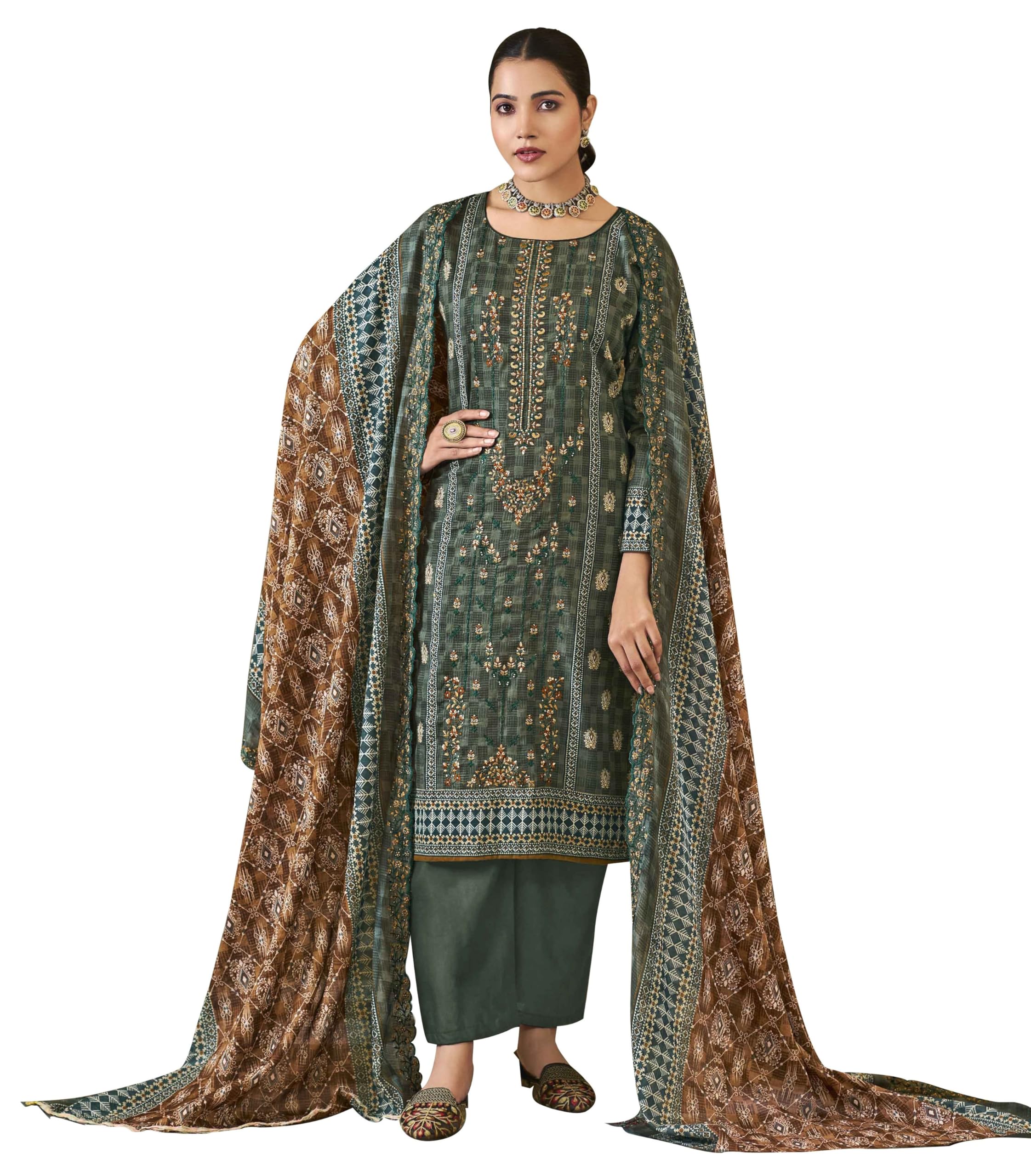 DRAVINAM Trends Women's Unstitched Cotton Embroidered Digital Suit Material - Cotton Embroidered Digital Print Shirt II Cotton Bottoms II Cotton Malmal Embroidered Cutwork Dupatta