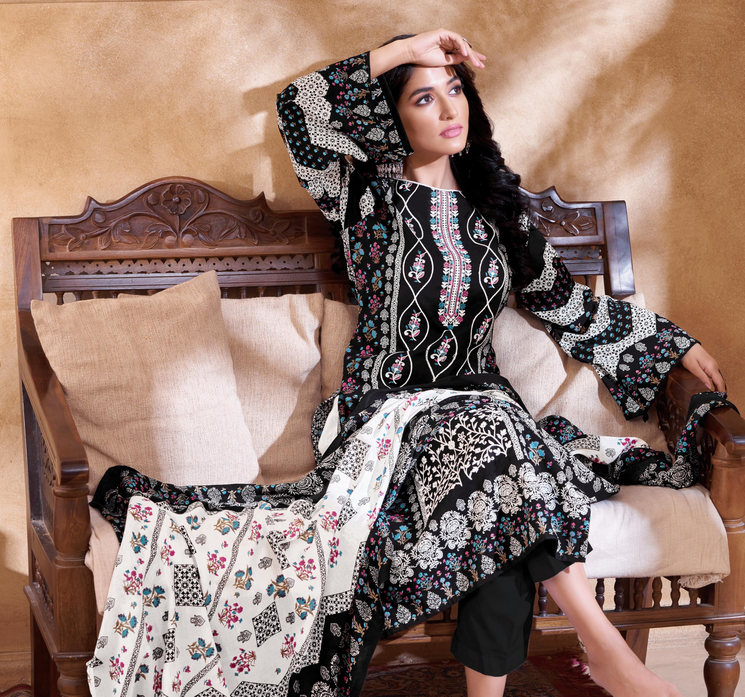 DRAVINAM Trends Women's Pakistani Print Embroidered Unstitcehd Pure Cambric Cotton Salwar Suit Dress Materials with Pure Cotton Printed Dupatta