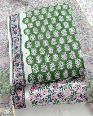 DRAVINAM Trends Sanganeri Hand Block Print Pure Cambric Unstitched Cotton Suit Dress Material with Kota Doriya Hand Printed Dupatta