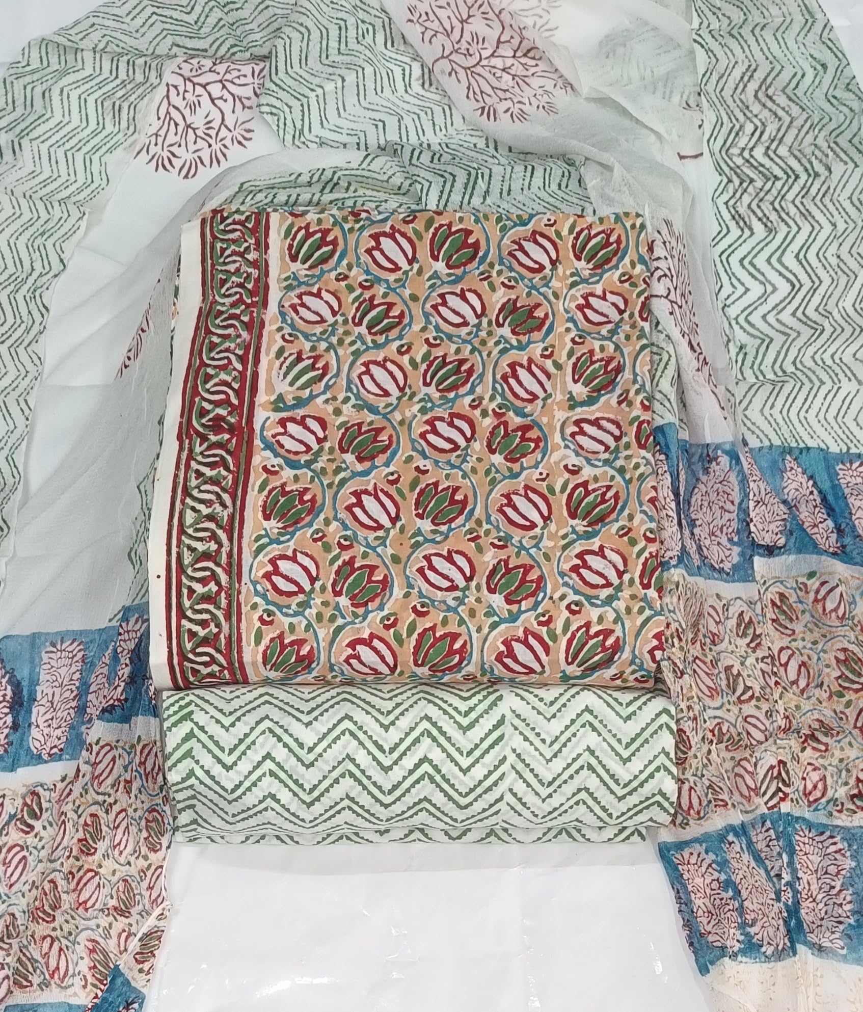 DRAVINAM Trends Hand Block Print Cambric Cotton Unstitched Salwar Suit Set for Women with Pure Chiffon Hand Printed Dupatta