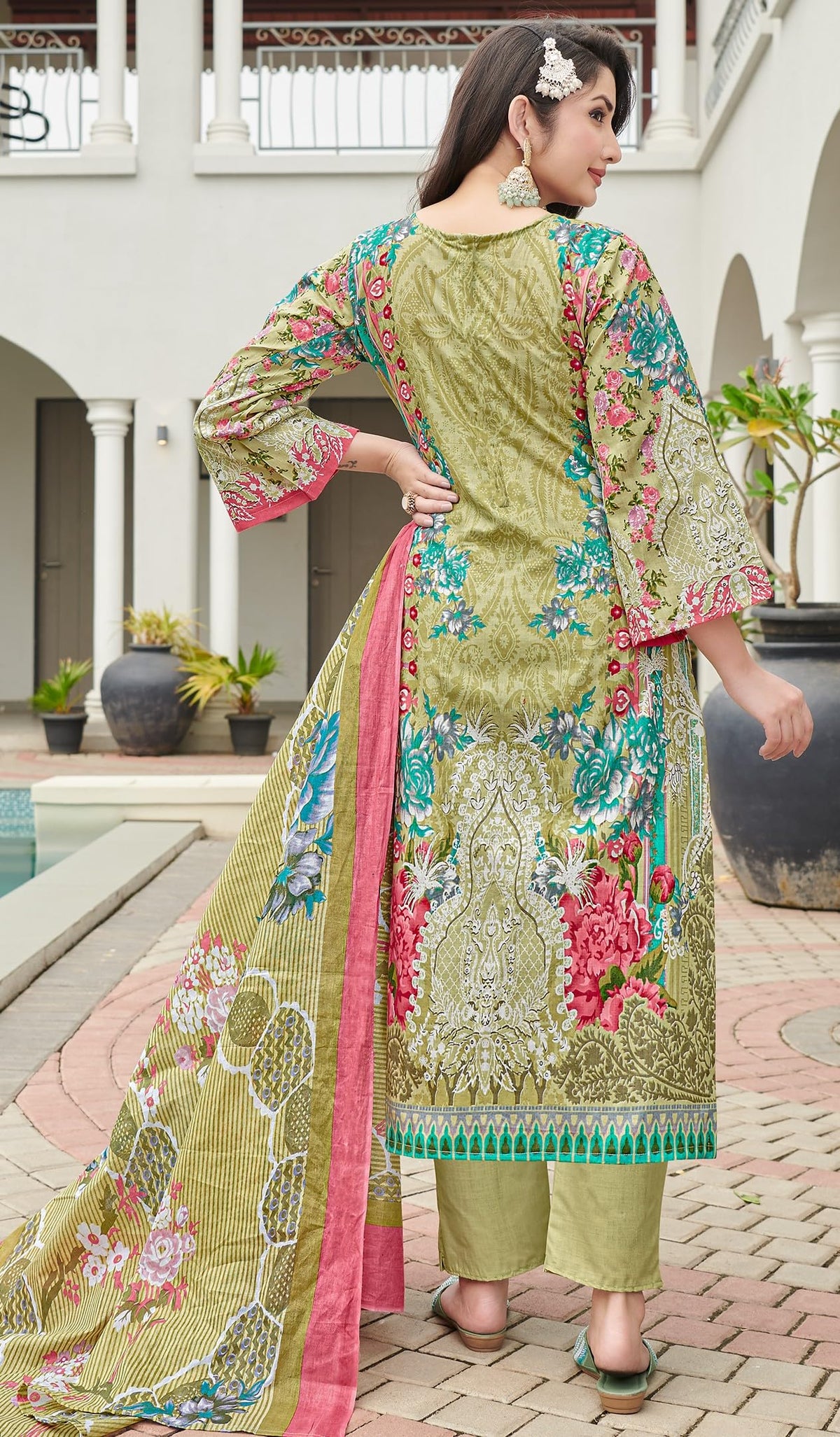 DRAVINAM Trends Unstitched Suit Material Karachi Lawn Cotton Pakistani Digital Printed Embroidered Kameez with Unstitched Bottoms and Cotton Dupatta