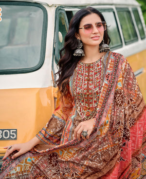 DRAVINAM Trends Lawn Cotton Pakistani Embroidered Suit Dress Material with Unstitched Bottoms and Cotton Dupatta