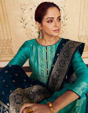 DRAVINAM Trends Unstitched Meenakari Zari Dola Banarasi Silk Salwar suit Dress Material with Dola Jacquard Double Jari Heavy Beautiful Dupatta (Peach and Dark Purple)