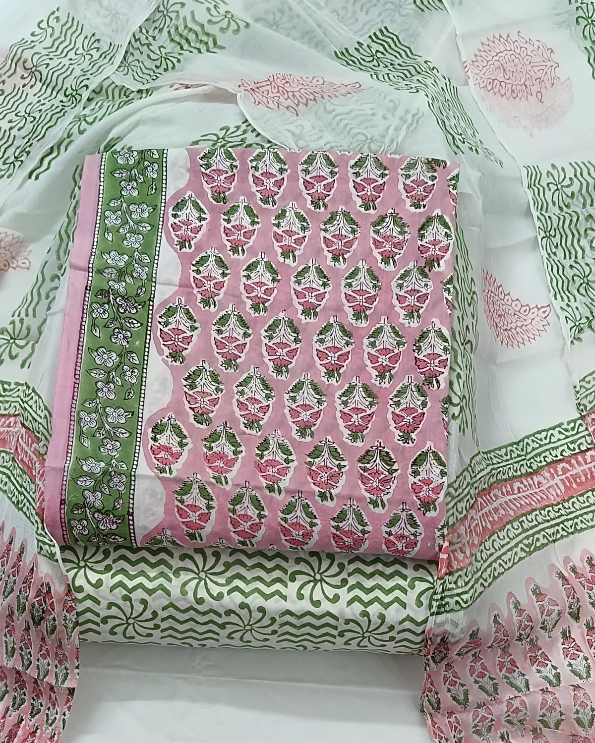 DRAVINAM Trends Hand Block Print Pure Cambric Cotton Unstitched Suit Material with Chiffon Hand Printed Dupatta