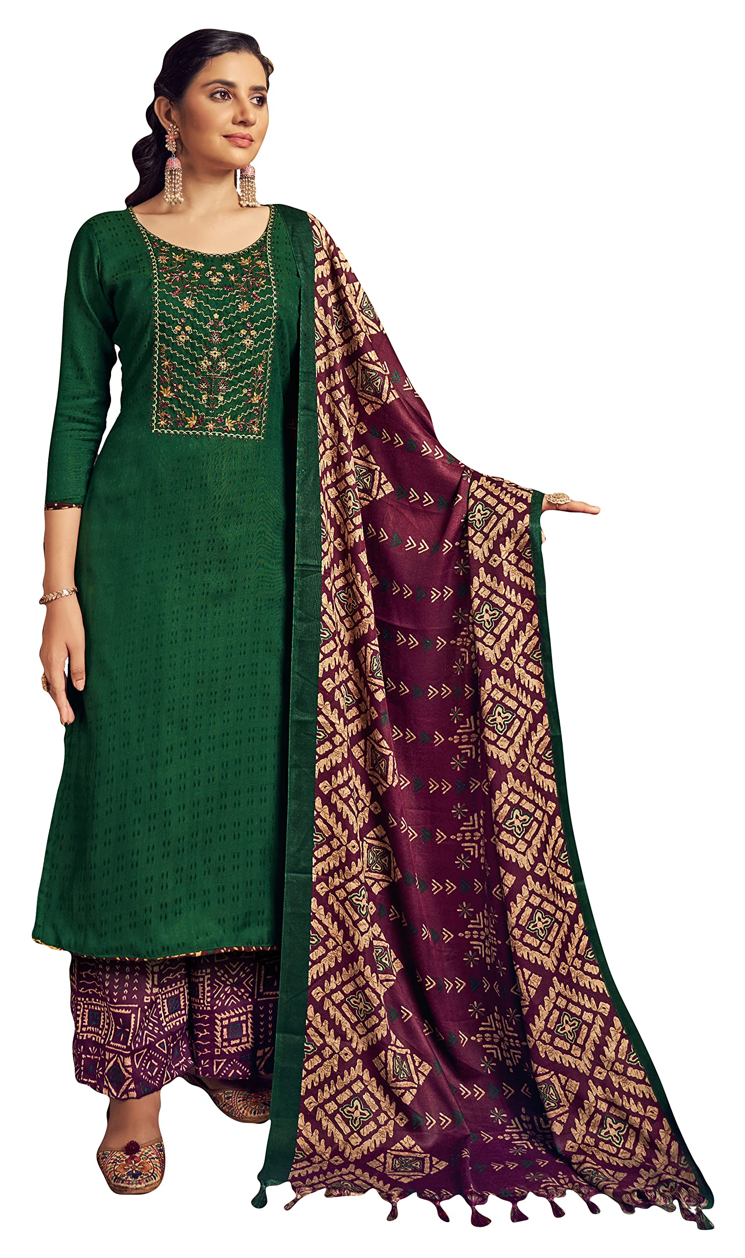 DRAVINAM Trends Women's Pure Wool Pashmina Embroidered Unstitched Palazzo/Pant/Salwar Suit with Pashmina wool Shawl Dupatta/Chunni for /Office Wear/Casual/ Winter wear (Green)