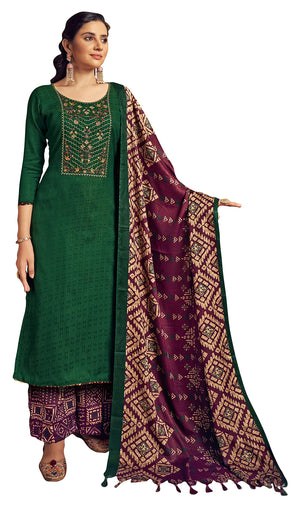 DRAVINAM Trends Women's Pure Wool Pashmina Embroidered Unstitched Palazzo/Pant/Salwar Suit with Pashmina wool Shawl Dupatta/Chunni for/Office Wear/Casual/Winter wear (Green)