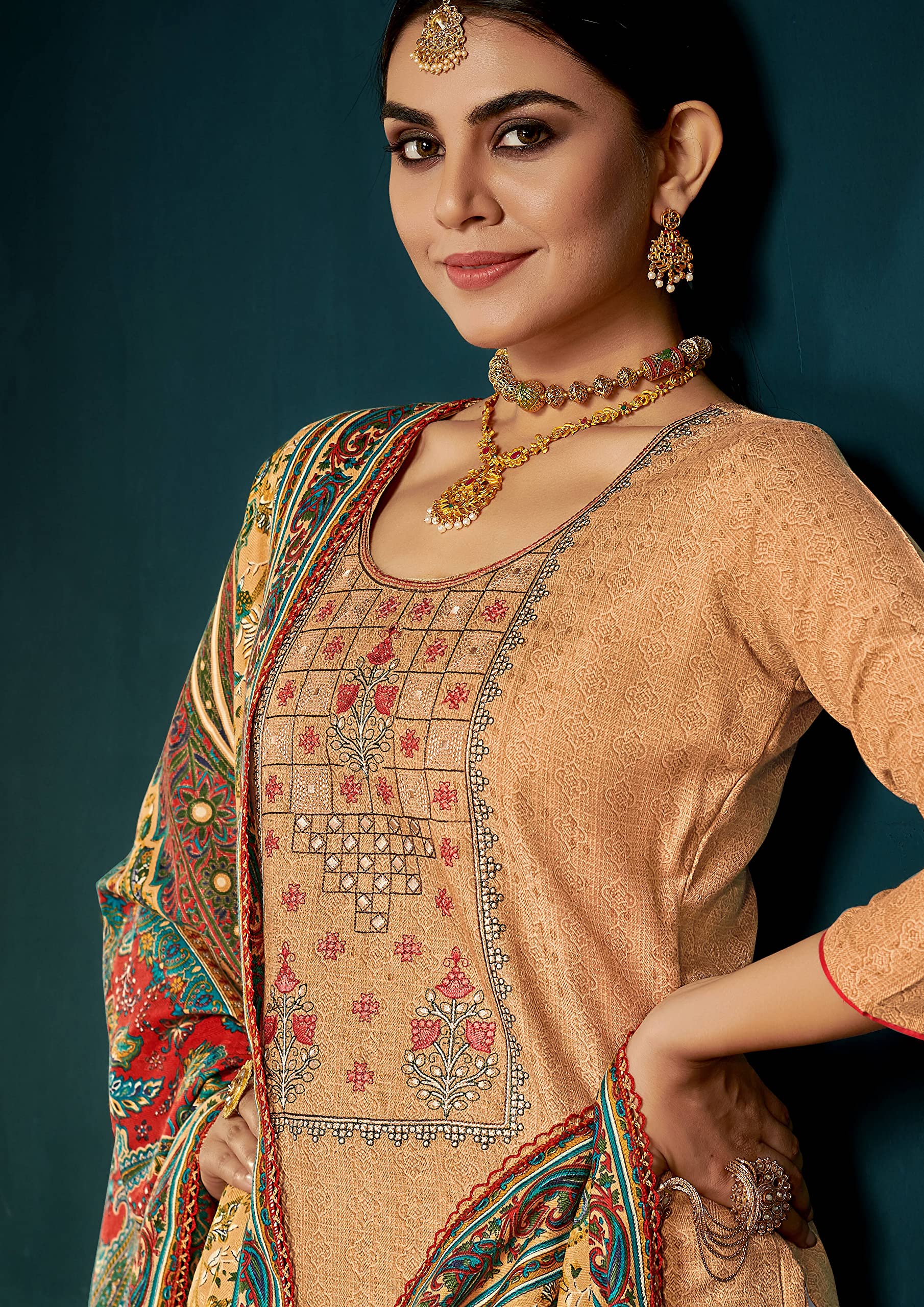 DRAVINAM Trends Women's Winter wear Pure wool pashmina Embroidered Warm Salwar suit Dress material with Pure Wool Dobby Printed Beautiful Shawl Dupatta (Beige)