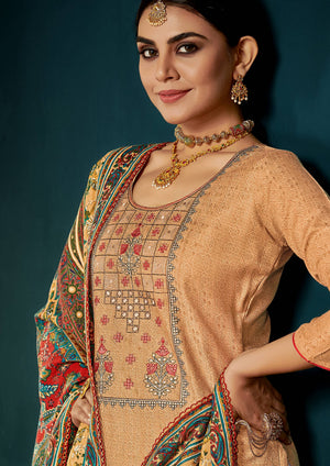 DRAVINAM Trends Women's Winter wear Pure wool pashmina Embroidered Warm Salwar suit Dress material with Pure Wool Dobby Printed Beautiful Shawl Dupatta (Beige)