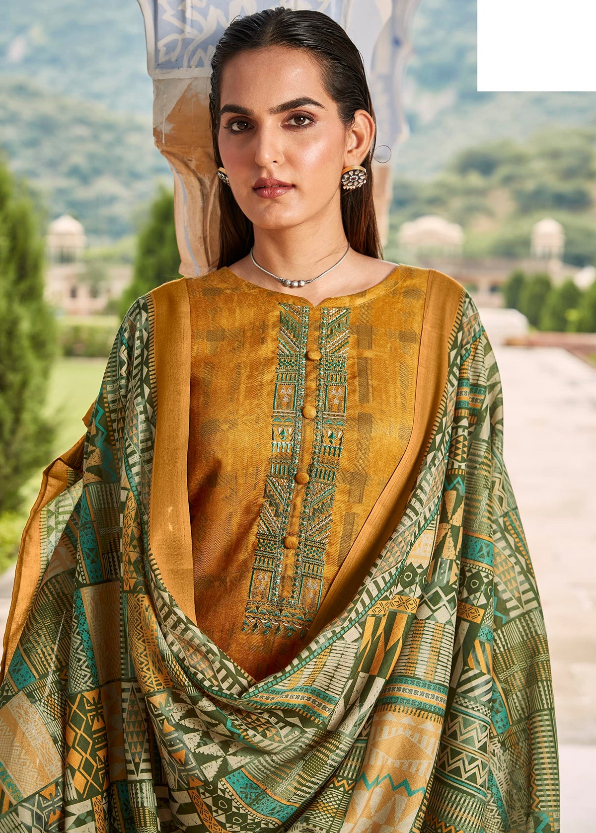 DRAVINAM Trends Women's Unstitched self Digital Print Hand embroidered Pure Woollen Pashmina Salwar Suit Dress Material with digital printed Pure woolen shawl dupatta (Green)