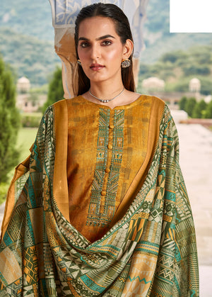 DRAVINAM Trends Women's Unstitched self Digital Print Hand embroidered Pure Woollen Pashmina Salwar Suit Dress Material with digital printed Pure woolen shawl dupatta (Green)
