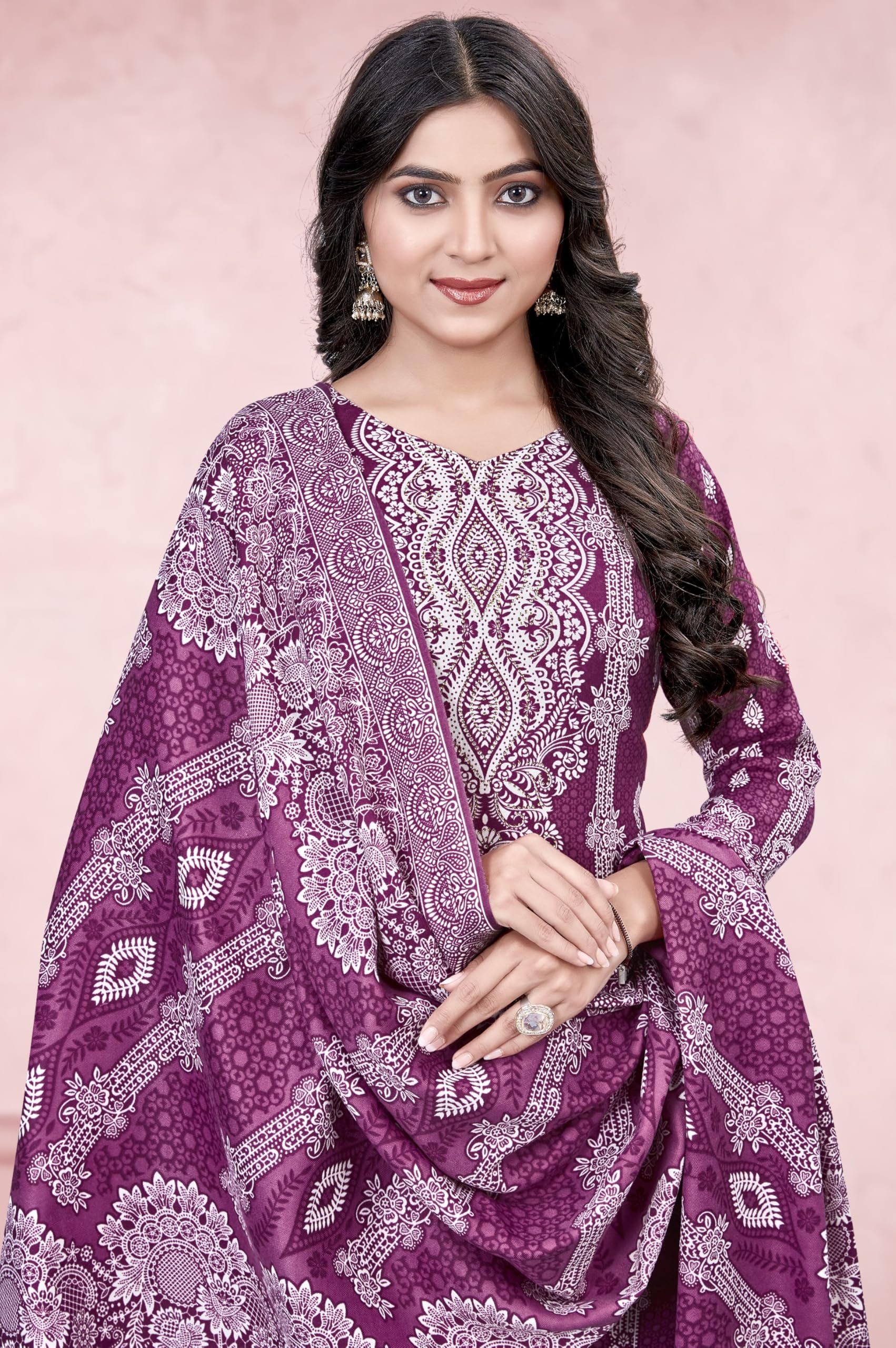 DRAVINAM Trends Heavy Pashmina Spun Digital Style Kani Kashmiri Printed Unstitched Salwar Suit for Women with Siroski Work and Printed Pashmina Shawl Dupatta
