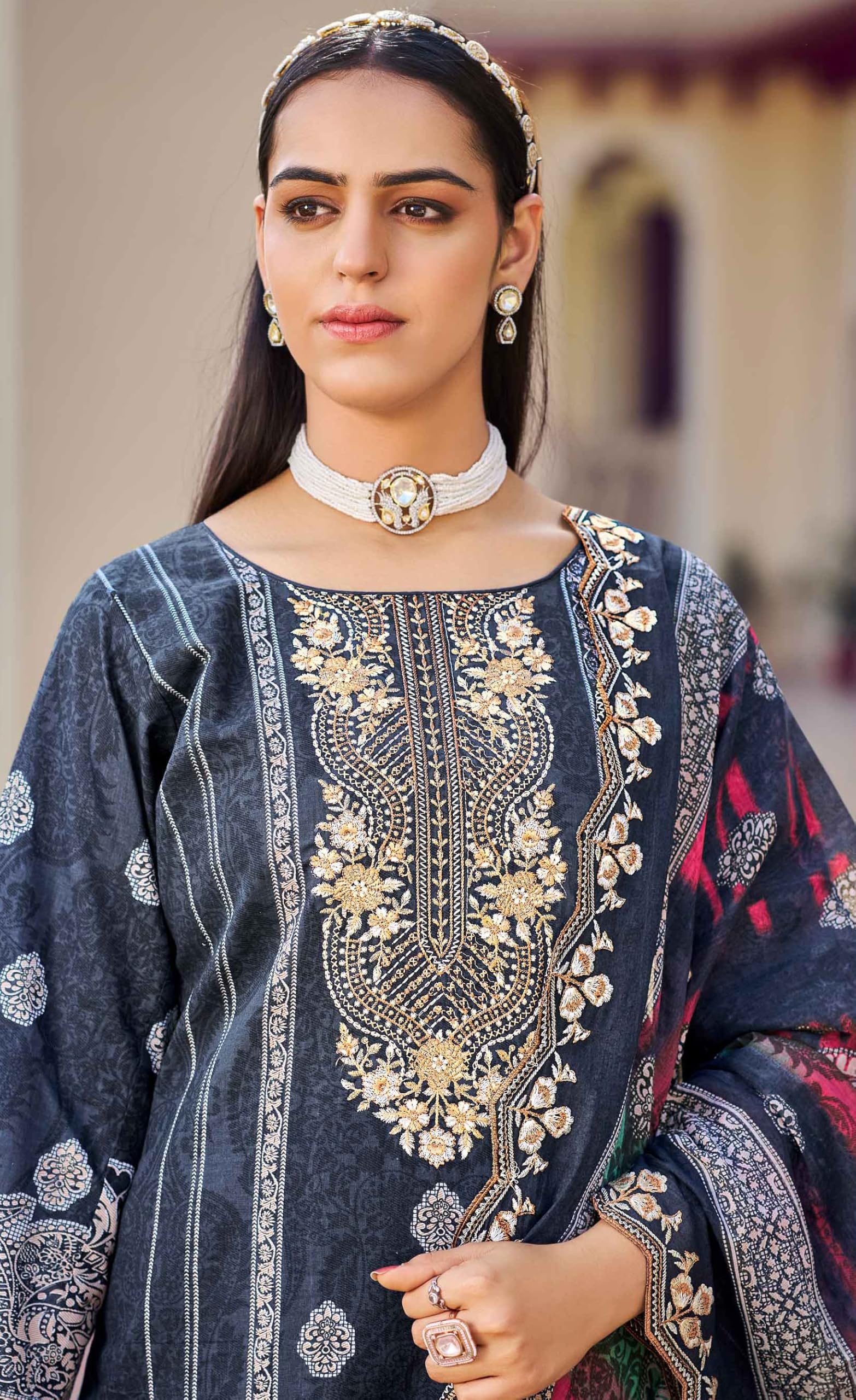 DRAVINAM Trends Women's Unstitched Salwar Suit Dress Material - Cotton Digital Printed Organza Embroidered Kameez II Unstitch Bottoms II Cotton Dupatta