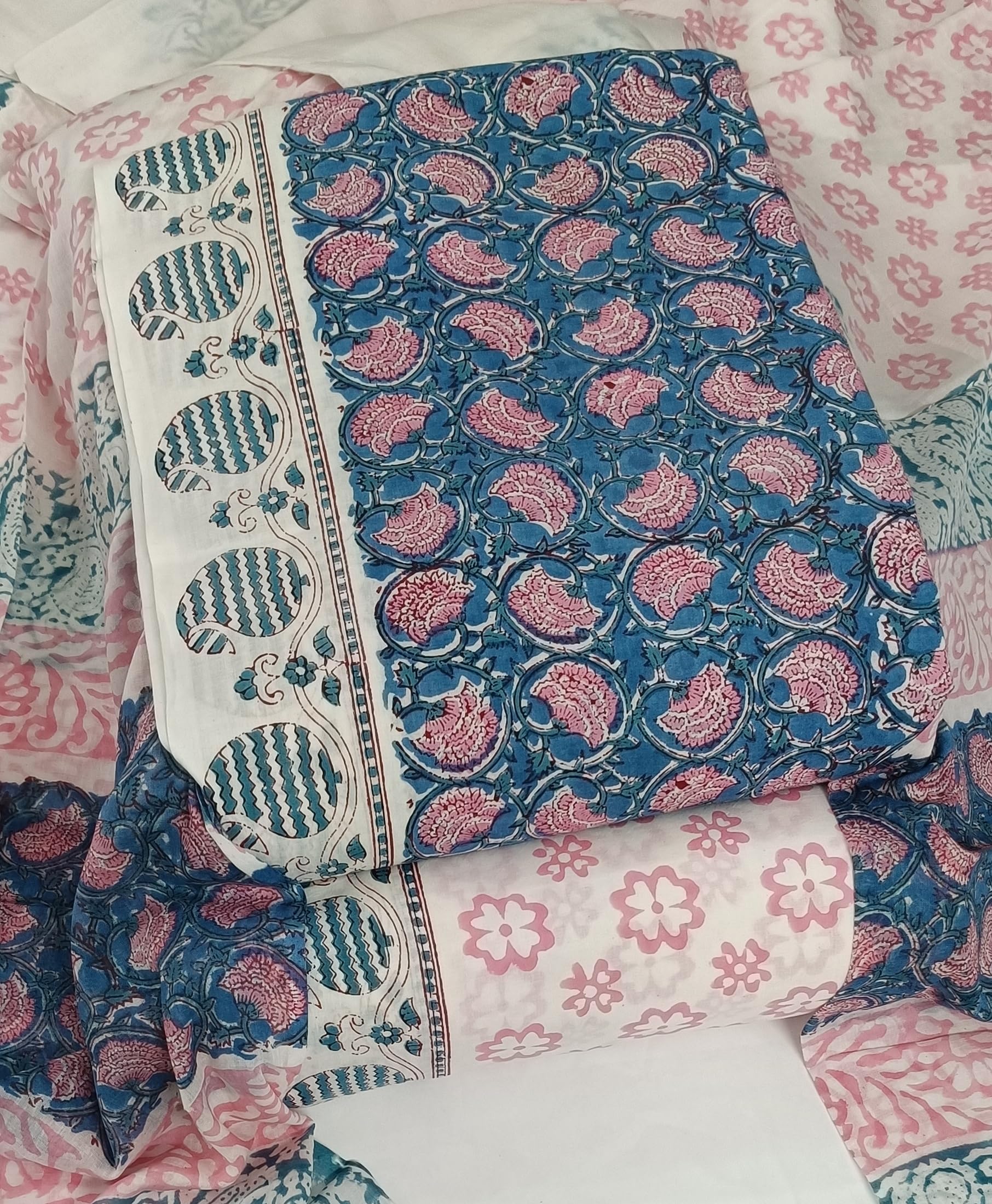DRAVINAM Trends Hand Block Dabu Print Indigo Cambric Unstitched Cotton Suit Dress Material for Women with Mulmul Cotton Hand Printed Dupatta