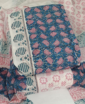 DRAVINAM Trends Hand Block Dabu Print Indigo Cambric Unstitched Cotton Suit Dress Material for Women with Mulmul Cotton Hand Printed Dupatta