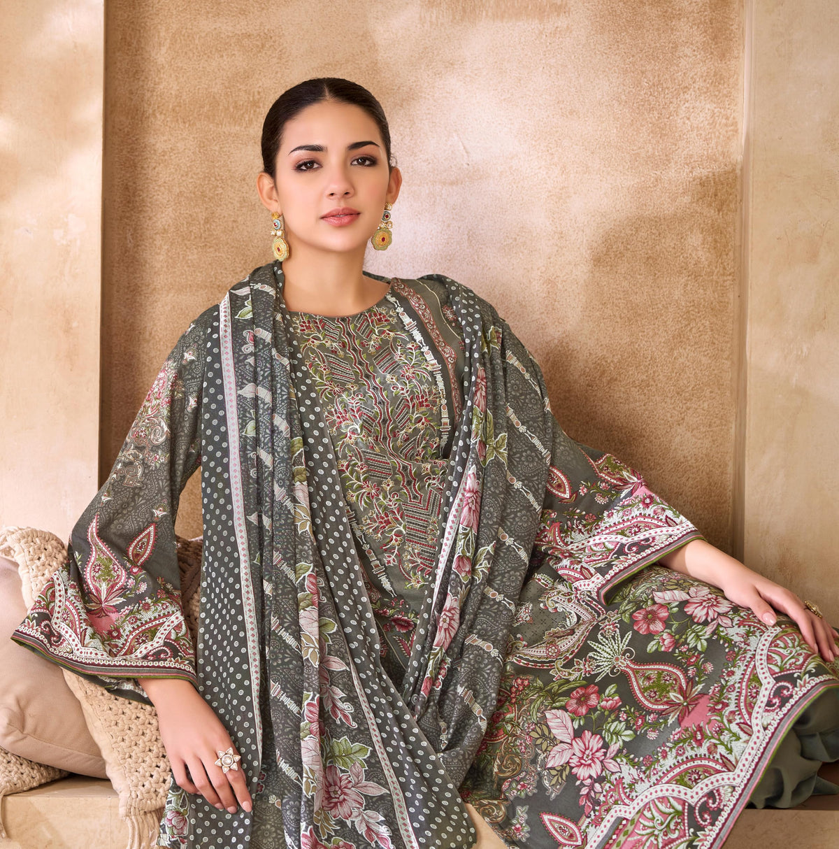 DRAVINAM Trends Unstitched Pakistani Embroidered Pure Cambric Cotton Salwar Suit Dress Materials with Cotton Dupatta