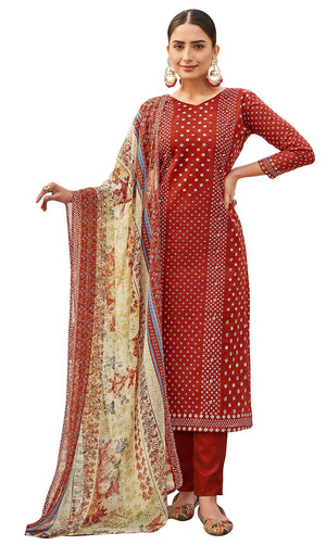 DRAVINAM Trends Women's Unstitched Salwar Suit Dress Material - Pure Cotton Print with Mirror Work Kameez | Plain Bottom |Chiffon Print Dupatta