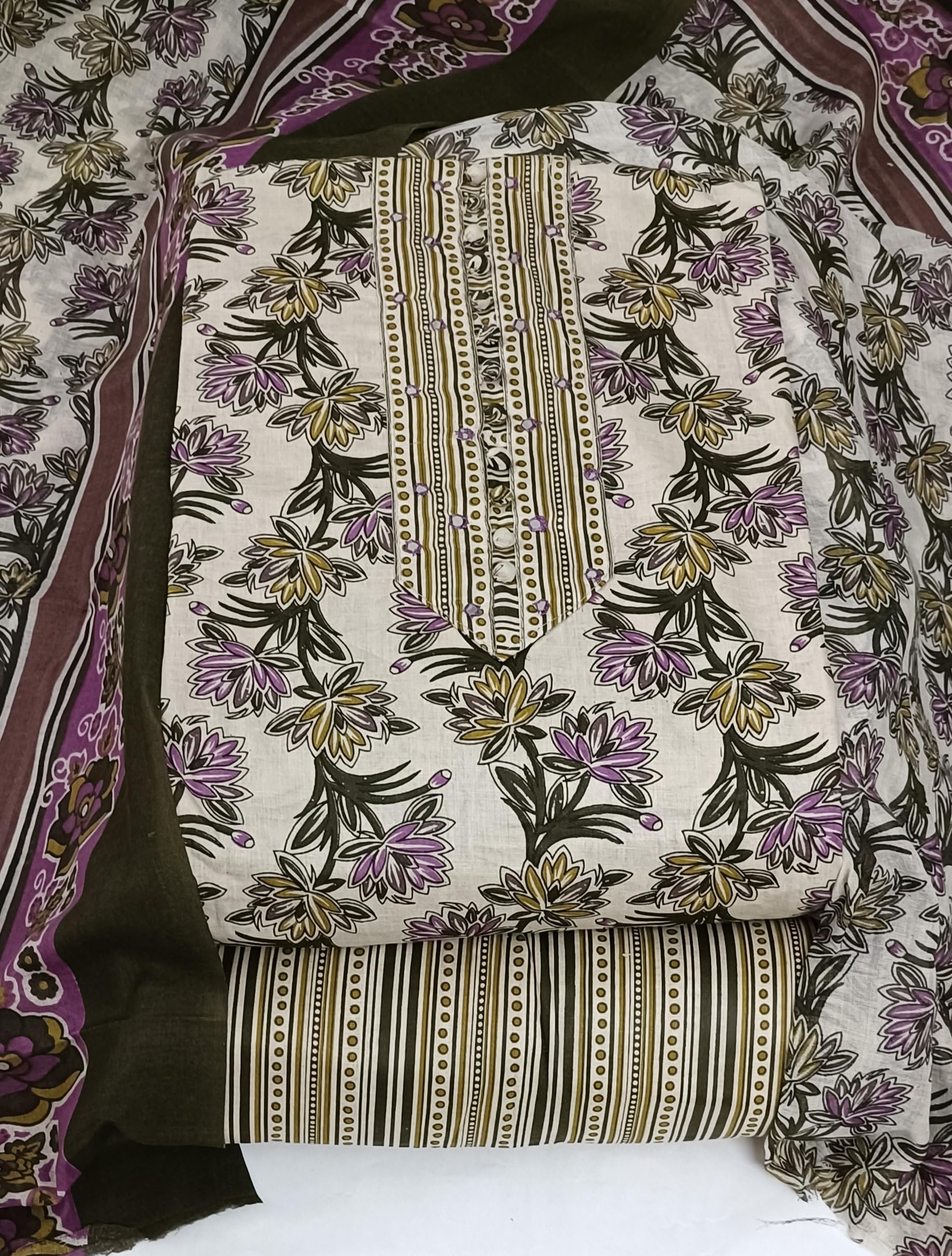 DRAVINAM Trends Women's Cambric Cotton Dress Material | Unstitch Kalamkari Printed Suit Set with Cotton Dupatta