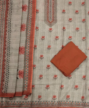 DRAVINAM Trends Women's Linen Cross-Stitch Floral Print Unstitched Salwar Suit Dress Material with Malai Cotton Bottom & Linen Dupatta