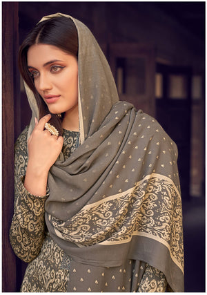 DRAVINAM Trends Women's Unstitched Embroidered Pure Woollen Pashmina Salwar Suit Dress Material with Digital Print Soft Pashmina Shawl Dupatta (Free Size_Grey)