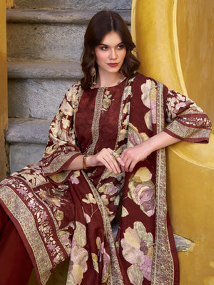 DRAVINAM Trends Women's Winter wear unstitched Printed Woollen Pashmina Embroidery Work Unstitched Salwar Suit Dress Material with Pashmina Printed Shawl Dupatta