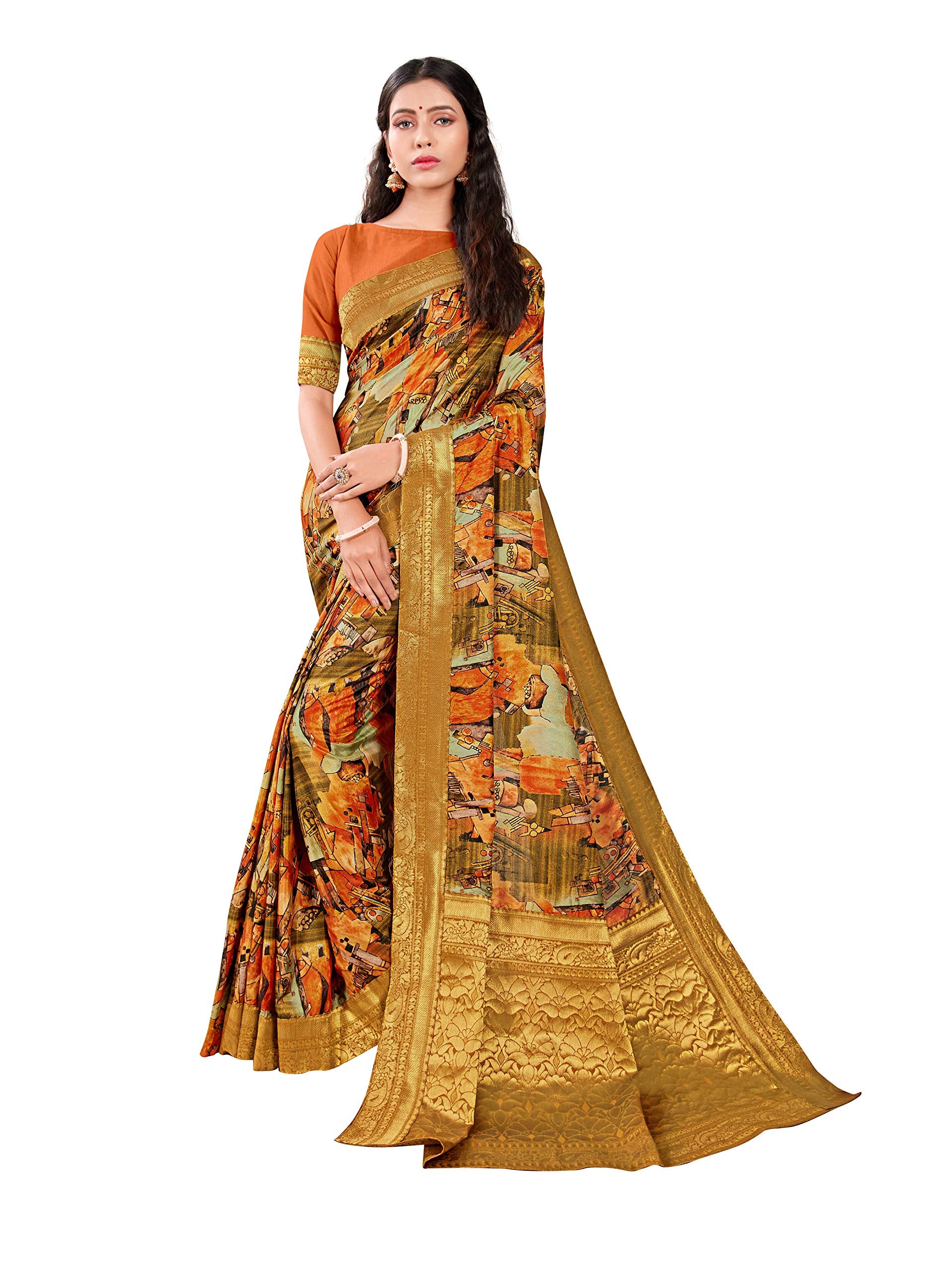 DRAVINAM Trends Printed silk saree with Jacquard Border and Blouse Piece (Brown Orange)