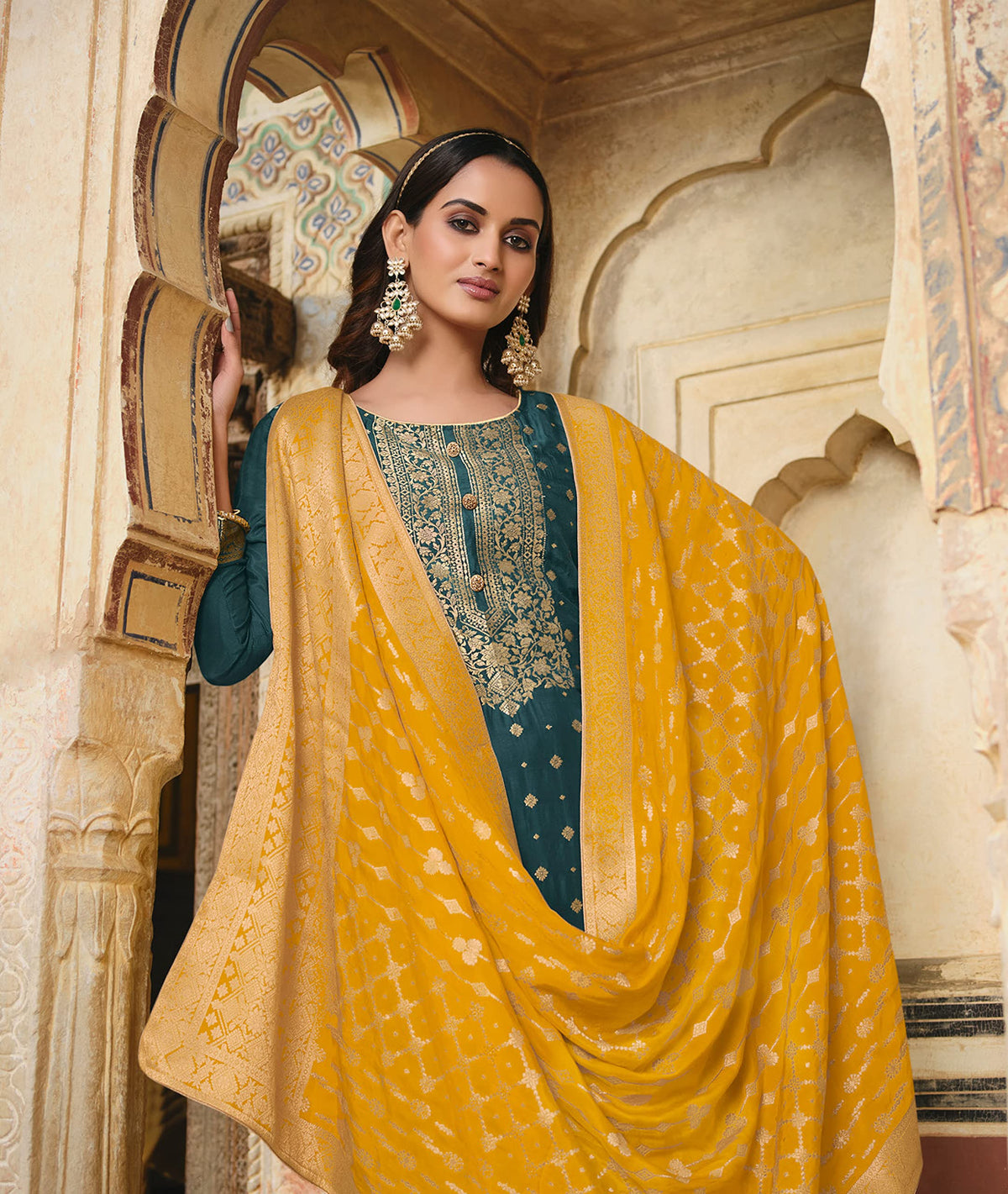 DRAVINAM Trends Women's Coral Silk Weaving Jacquard Unstitched Pakistani Salwar Suit Dress Material with Pure Coral Silk Weaving Jacquard Dupatta (Blue)