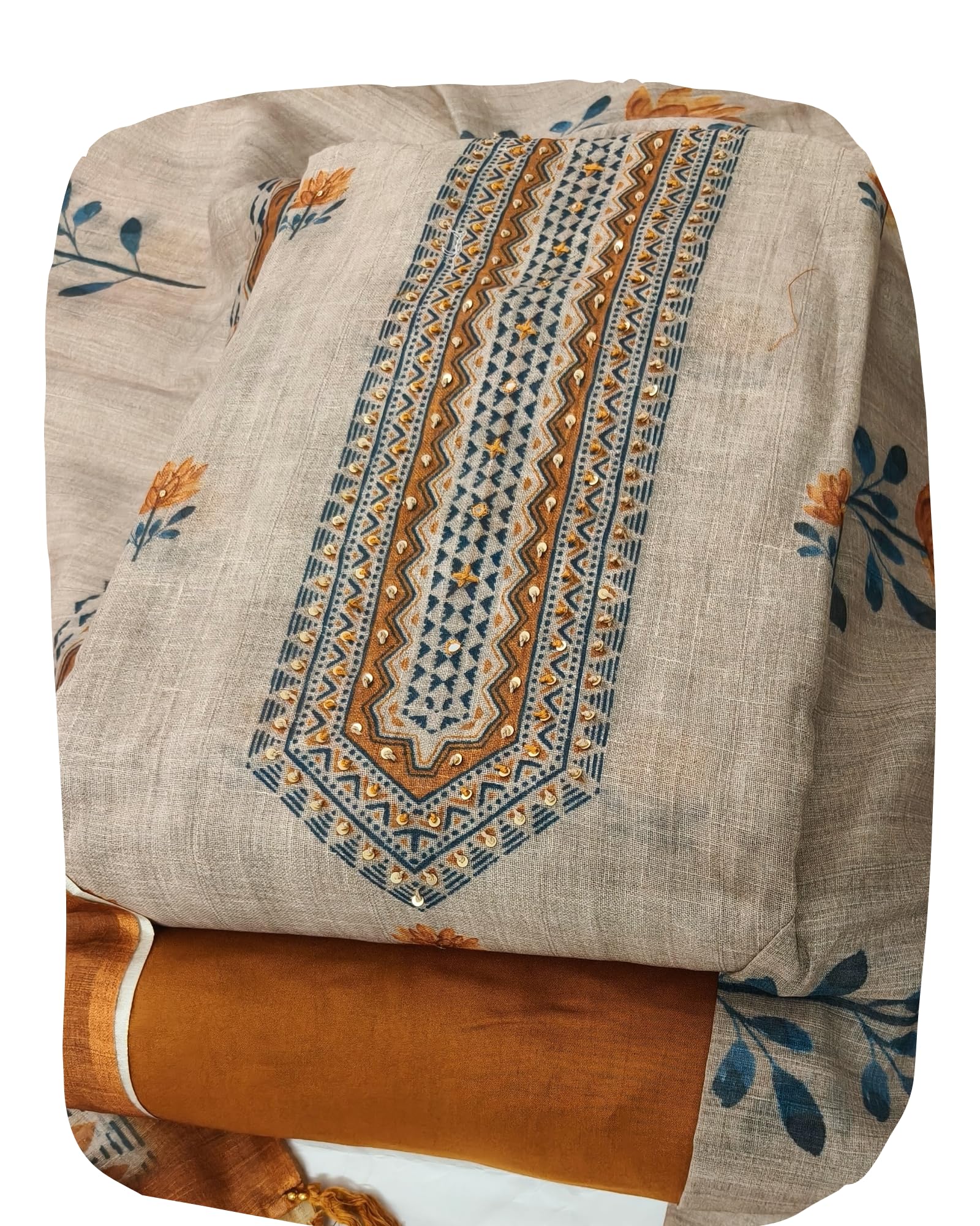 DRAVINAM Trends Women's Linen Cross-Stitch Floral Print Unstitched Salwar Suit Dress Material with Malai Cotton Bottom & Linen Dupatta