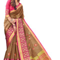 DRAVINAM Trends Women's Weaving Jacquard Border linen Saree with Kalamkari Embroidery and Blouse Piece (Brown Pink, SareeU_11)