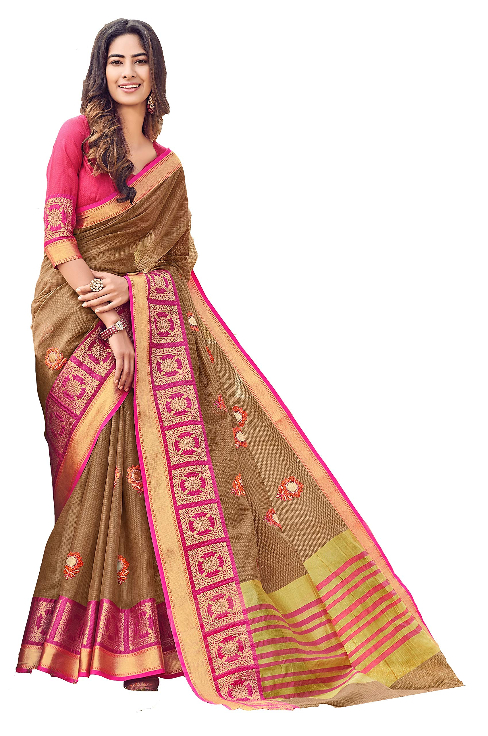 DRAVINAM Trends Women's Weaving Jacquard Border linen Saree with Kalamkari Embroidery and Blouse Piece (Brown Pink, SareeU_11)